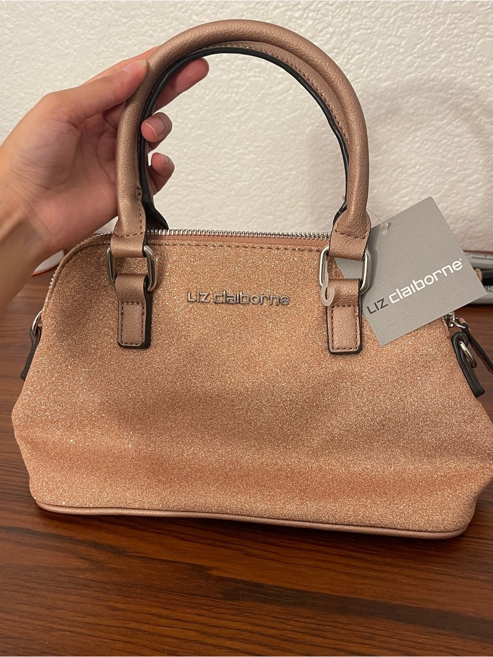 Liz Claiborne Rose Gold Glitter Satchel Handbag